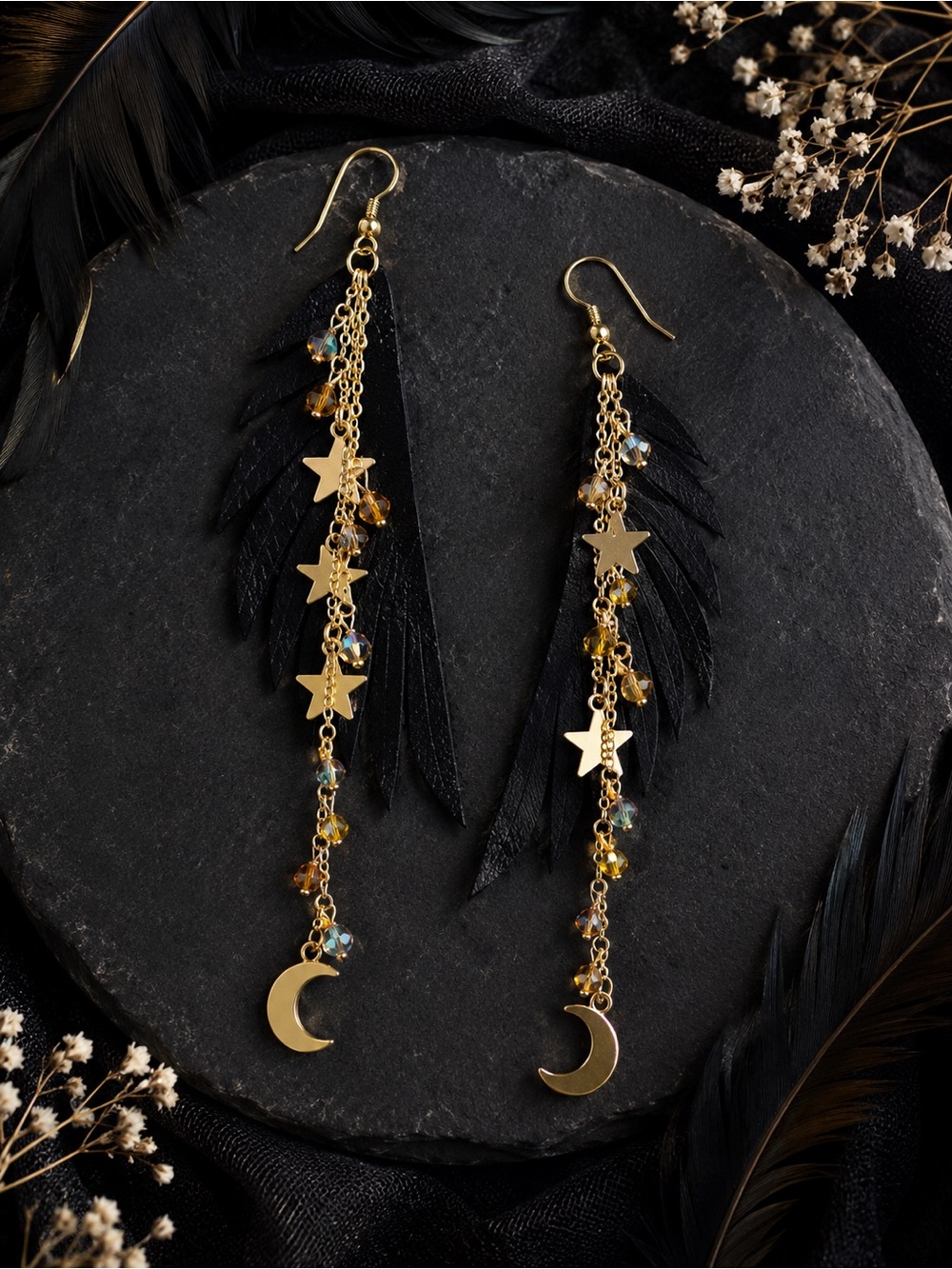 Black Leather Raven Wings & Gold Star Moon Drop Fringe Boho Earrings | Artisan - Picture 11 of 16